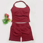 yoga outfits Women 2 pcs Sports DFNNYE Impact Set halterneck Backless Halter Top Seamless Scrunch Shorts Gym Workout Sports Suit