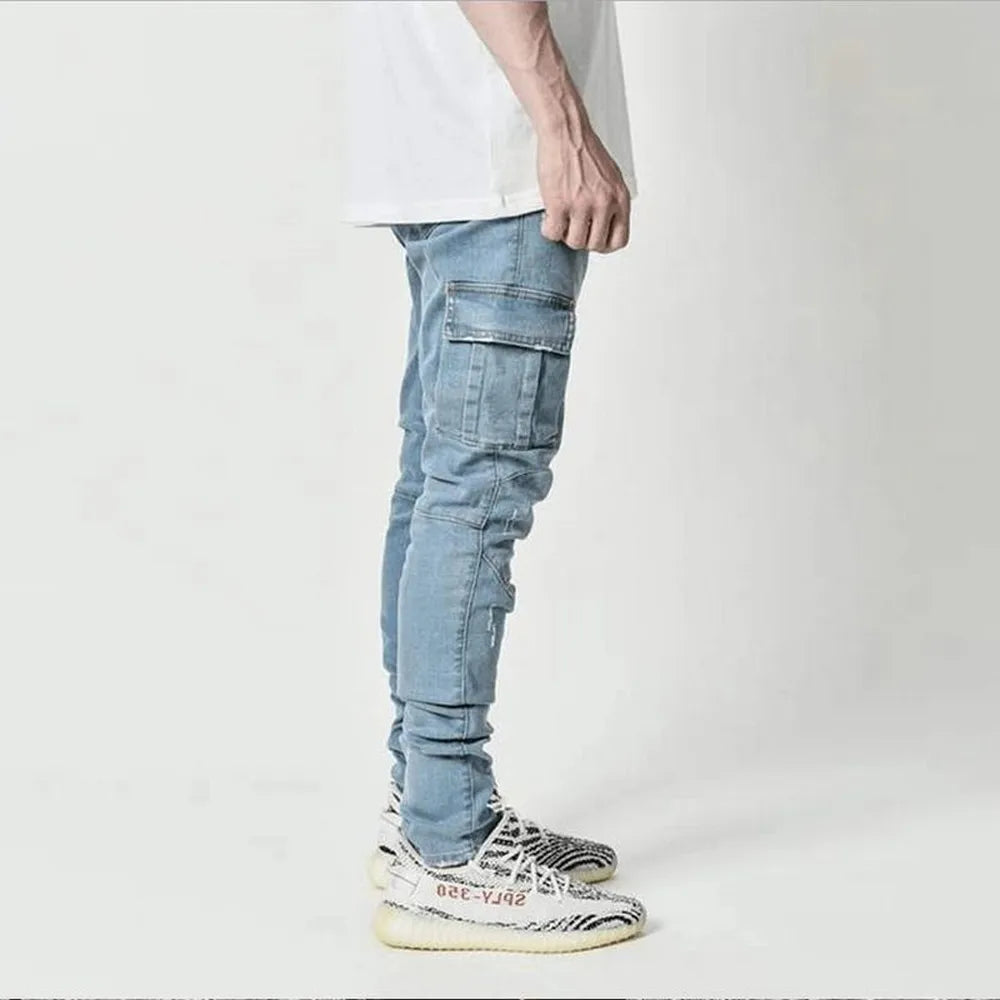 Street Elastic Jeans Men Denim Cargo Pants Wash Solid Color Multi Pockets Casual Mid Waist Trousers Slim Fit Daily Wear Joggers Image secondaire du produit