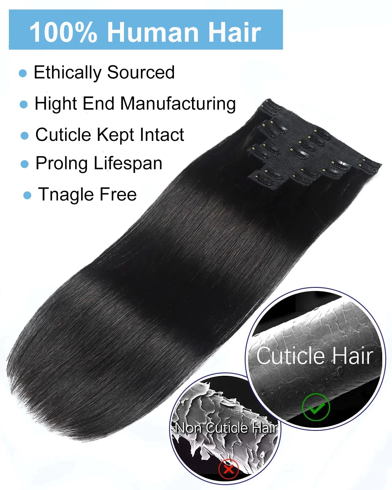 8Pcs Clip In Human Hair Extensions 100% Real Human Hair Clip in Natural Hair Extensions Straight Hair Pieces 14-26Inch Remy Hair Secondary image