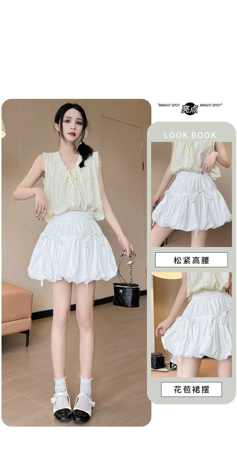 Sweet Bow Pleated Fluffy Skirts for Women Summer Korean Style Elastic Waist Lantern Skirt Woman Loose White A-Line Short Skirts