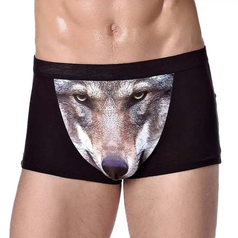 Men's Unique 3D Printed Wolf Eagle Head Flat Angle Pants Mid-waist Boxer Shorts Breathable Knitted Modal Fabric