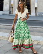 Women's Elastic Waist Printed Large Swing Skirt, Boho Spliced Midi Skirt, Suitable for Beach and Daily Wear
