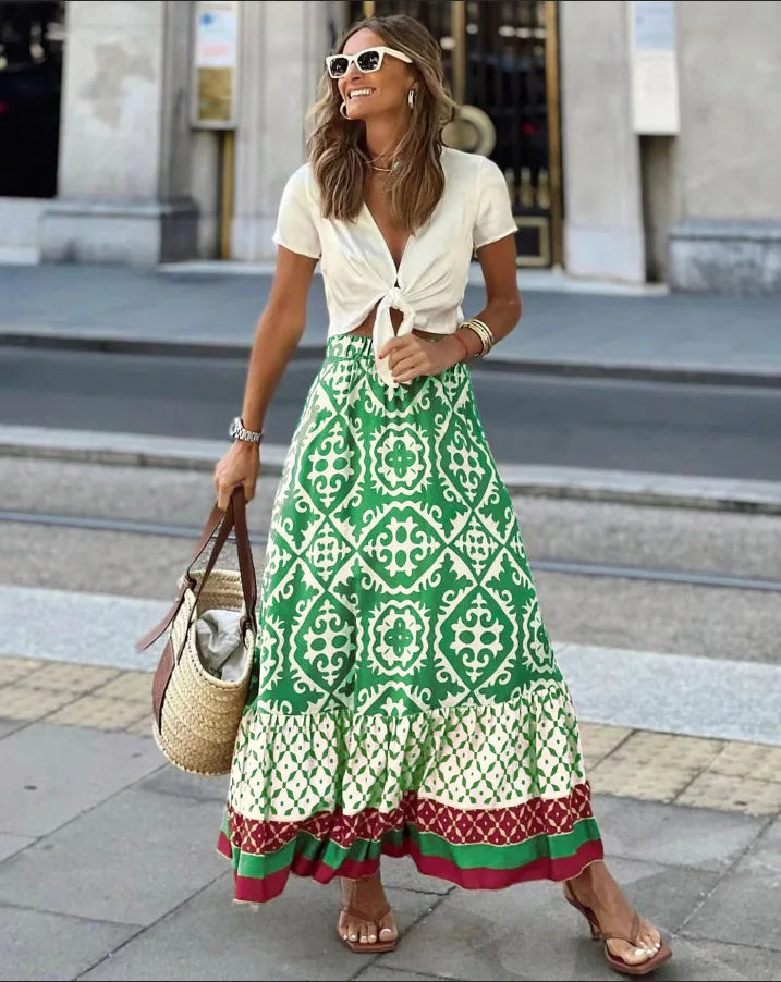 Women's Elastic Waist Printed Large Swing Skirt, Boho Spliced Midi Skirt, Suitable for Beach and Daily Wear