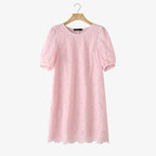 ZANZEA Summer Women's Openwork Embroidered Dresses O-Neck Half Puff Sleeve Contrast-Trim Knee-Length Dress Casual A-Line Robes