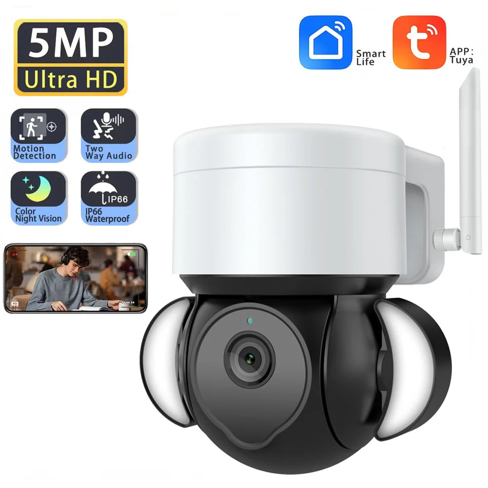 5MP Security Camera Outdoor Wireless 2.4G WIFI PTZ Auto Tracking Cameras Floodlight Color Night Vision IP66 Waterproof Two Way Audio Surveillance Cam