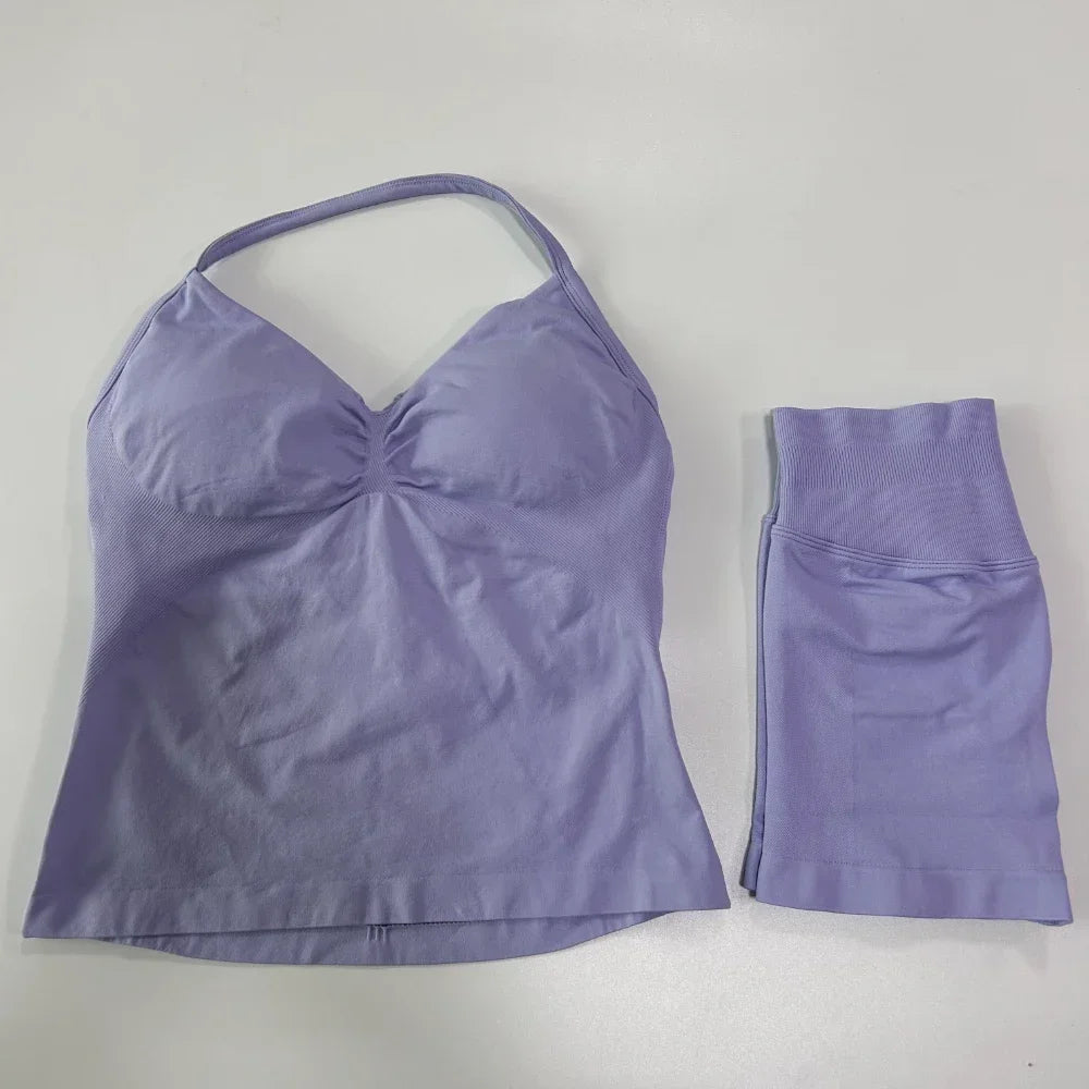 No Logo 2 Pieces Sports Set Women Backless Tank Tops High Waist Scrunch Seamless Shorts Gym Set Sportswear Workout Set Yoga