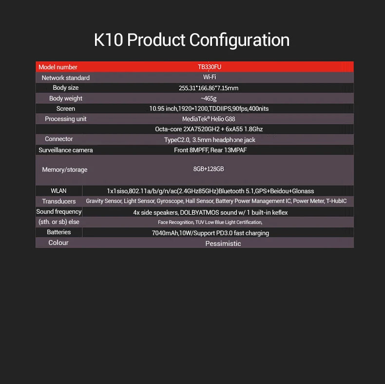 Global Rom Lenovo Tab K10 M11 Wifi LTE MTK Helio G88 Zhaoyang Multi Language 10.95-inch 90hz 400nits Face Recognition 7040mAh