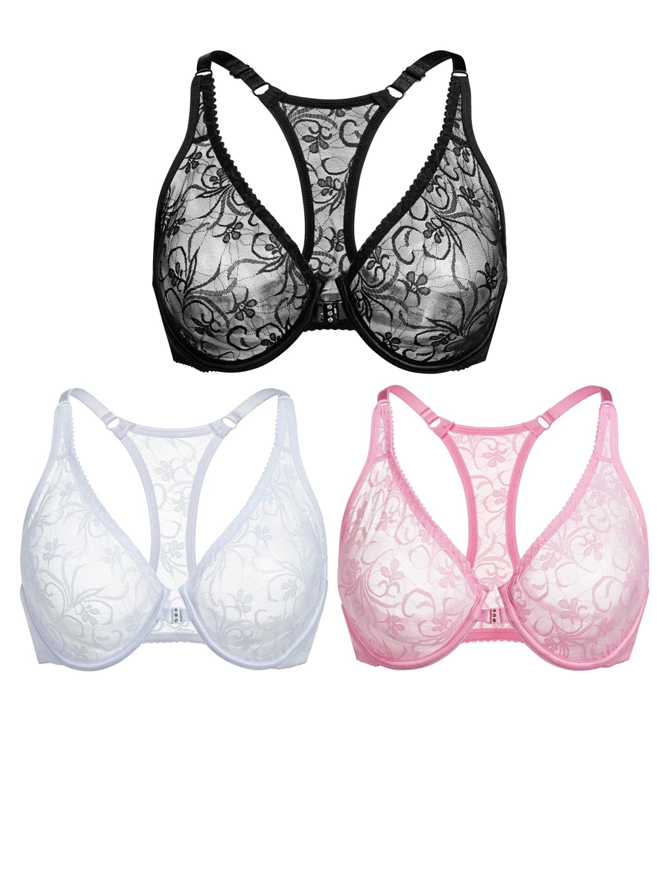Front Button Women's Bra Lace Sheers Unpadded Sexy Lingerie BH Tops Flower knitting Brassiere Underwire Underwear Plus Size Bras Image principale du produit