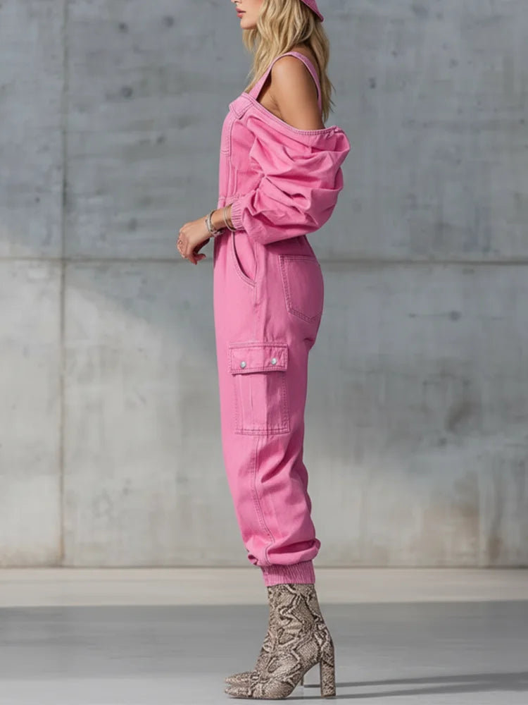 Vintage Denim Jumpsuit Woman Solid Zipper Off-shoulder High Wait Loose Cargo Pants Romper Long Sleeve Overalls One-Piece Suit