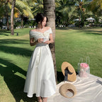 Horetong Bow Slash Neck Sexy Dress Summer Women White Fairy Elegant A-Line Midi Dresses Female Party Prom Clothes Vestdios