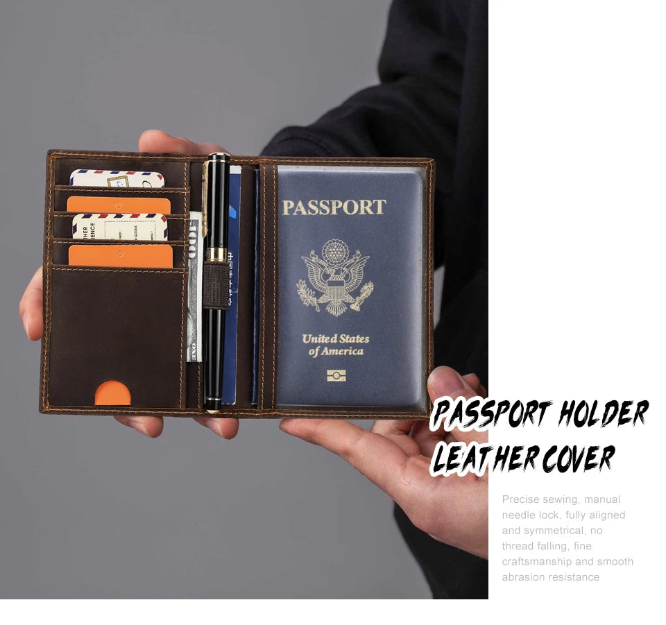 Retro Leather Passport Cover RFID Blocking For Cards Travel Passport Wallet Document Organizer Case With 1 Pen Holder Men Women