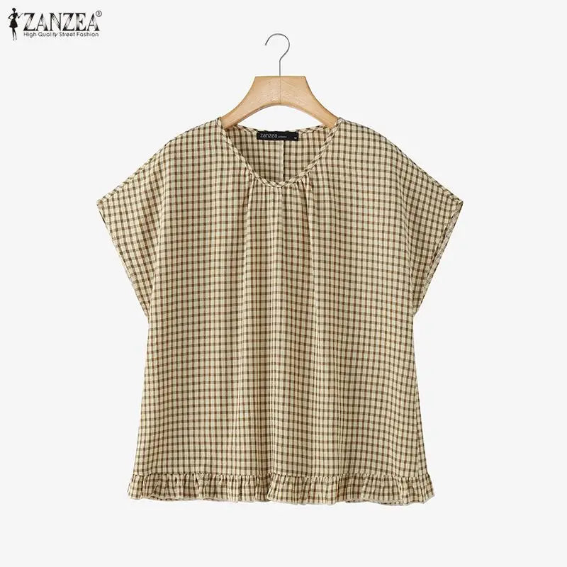 Women Summer Plaid Checked Blouse ZANZEA 2026 Fashion O Neck Short Sleeve Tops Casual Loose Holiday Shirt Elegant Work Blusas Secondary image