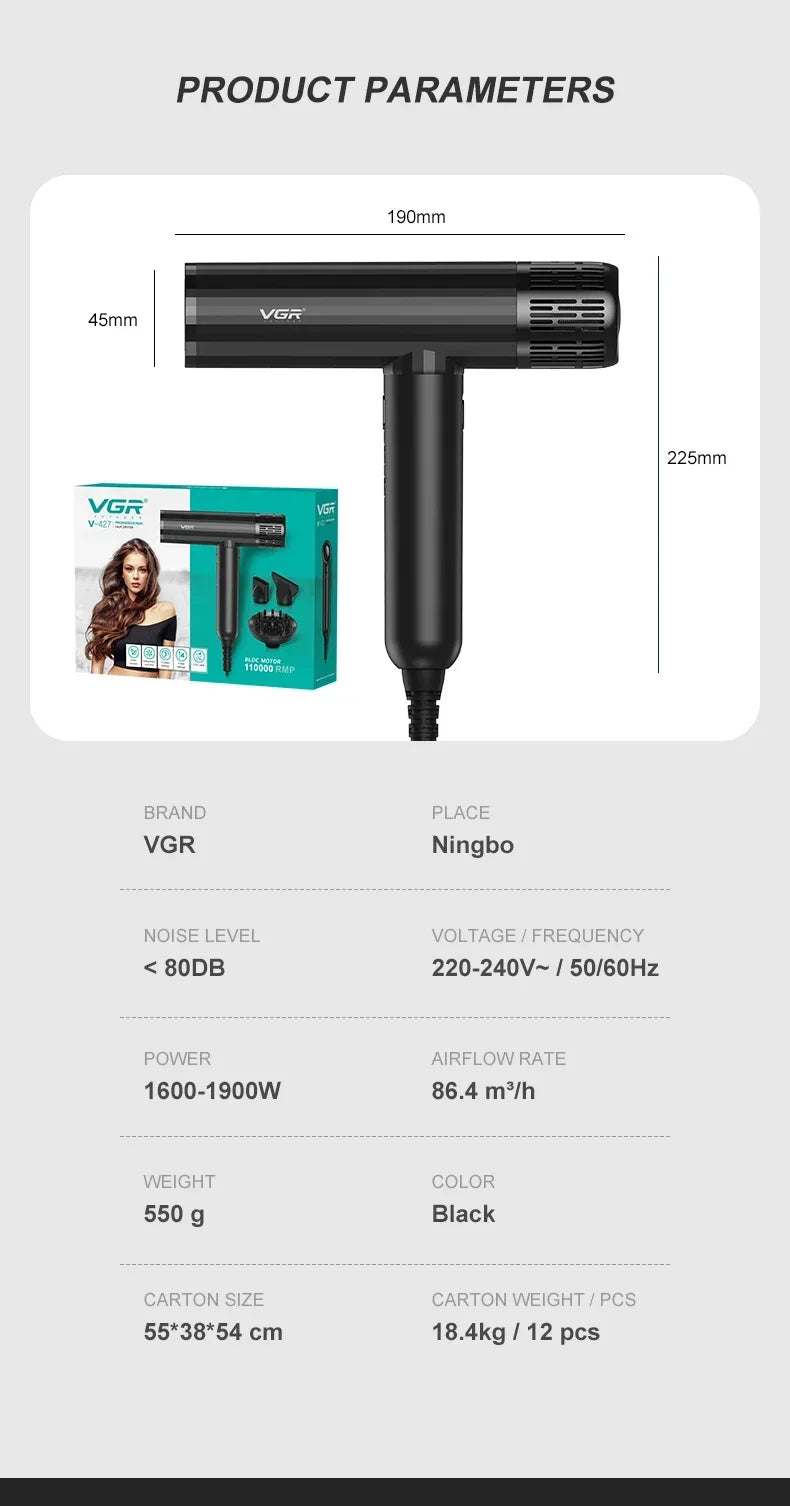 VGR Leafless Hair Dryer Professional Negative Ion Blower Dryer Brushless Motor 11000RPM Powerful Electric Dryer for Salon V-427