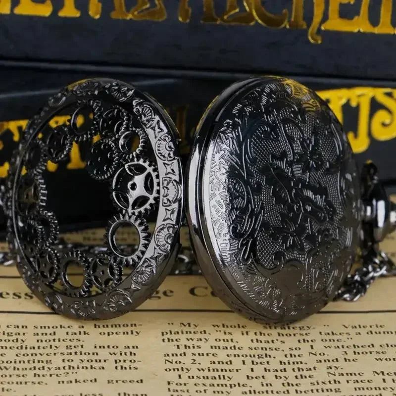 1pc Black Retro Hollow Gear Carved Quartz Pocket Watch Necklace Pendant Clock Chain Men Women Memorial Gift