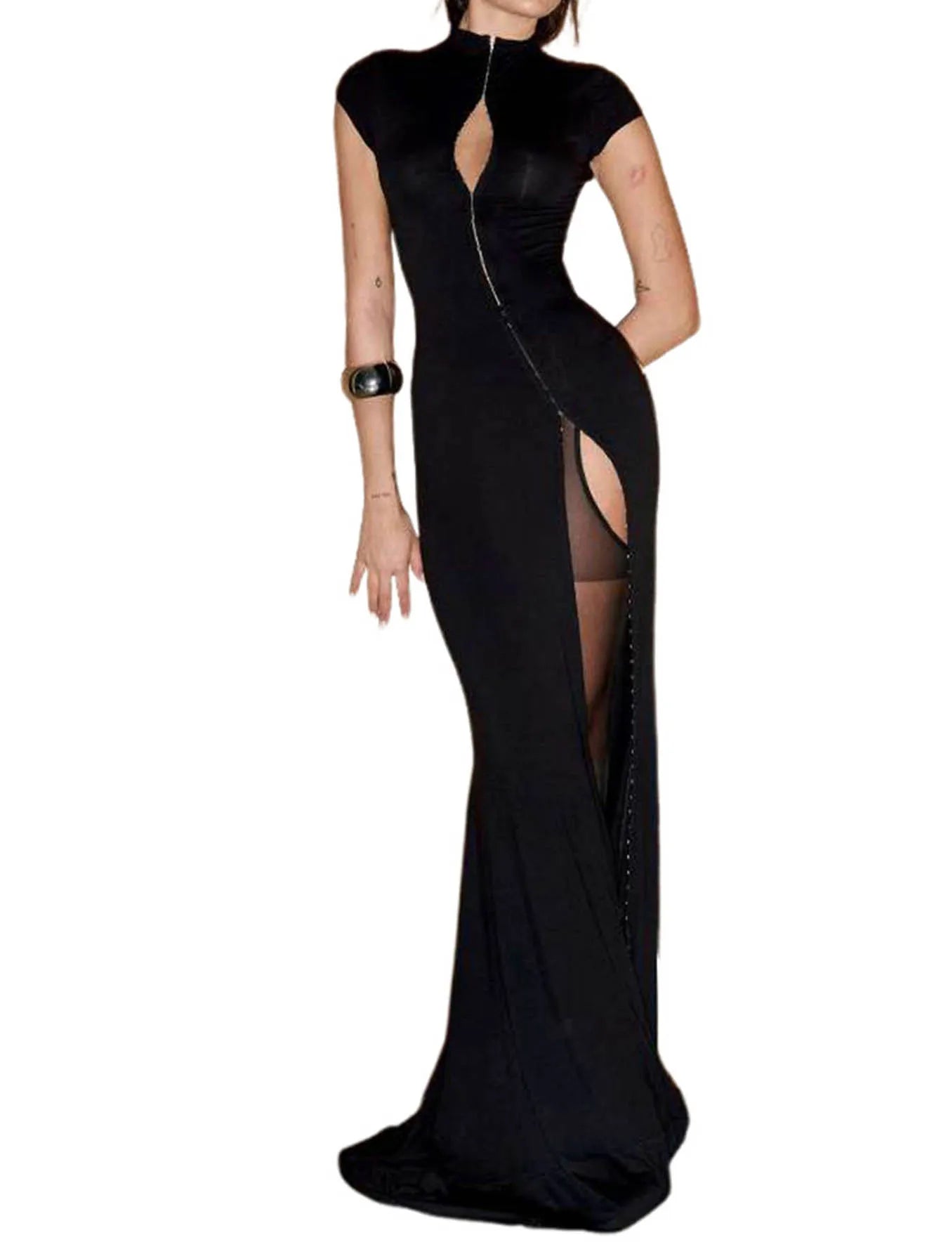 Black High Slit Dresses Half Turtleneck Zipper Slim Hip-Wrapped Long skirt Sexy Hot Girl Nightclub Dress For Women Streetwear