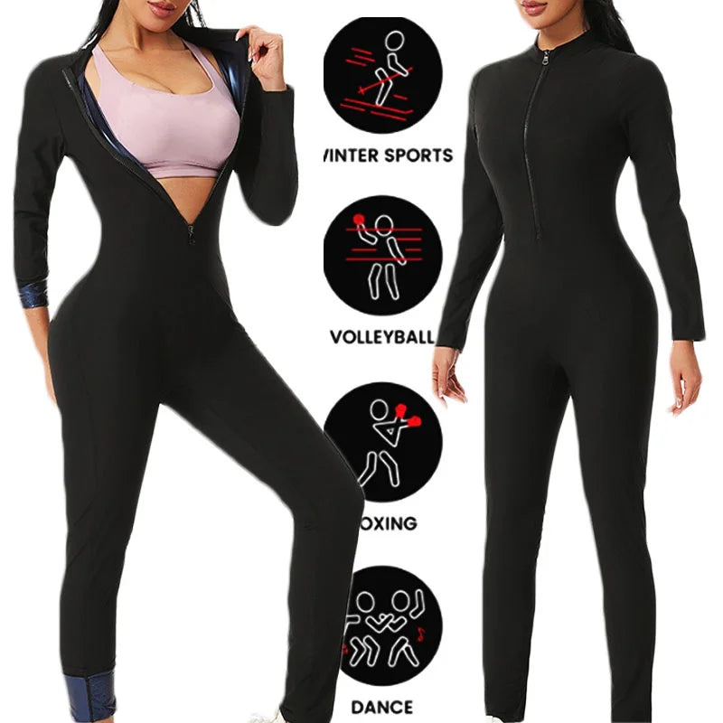 MrifDila Sauna Suit Jumpsuit Full Zip Up Sweatsuit Hot Sweating Jumpsuit Long Sleeve Romper Bottom Pants Sweating Bodysuit Shape