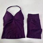 No Logo 2 Pieces Sports Set Women Backless Tank Tops High Waist Scrunch Seamless Shorts Gym Set Sportswear Workout Set Yoga