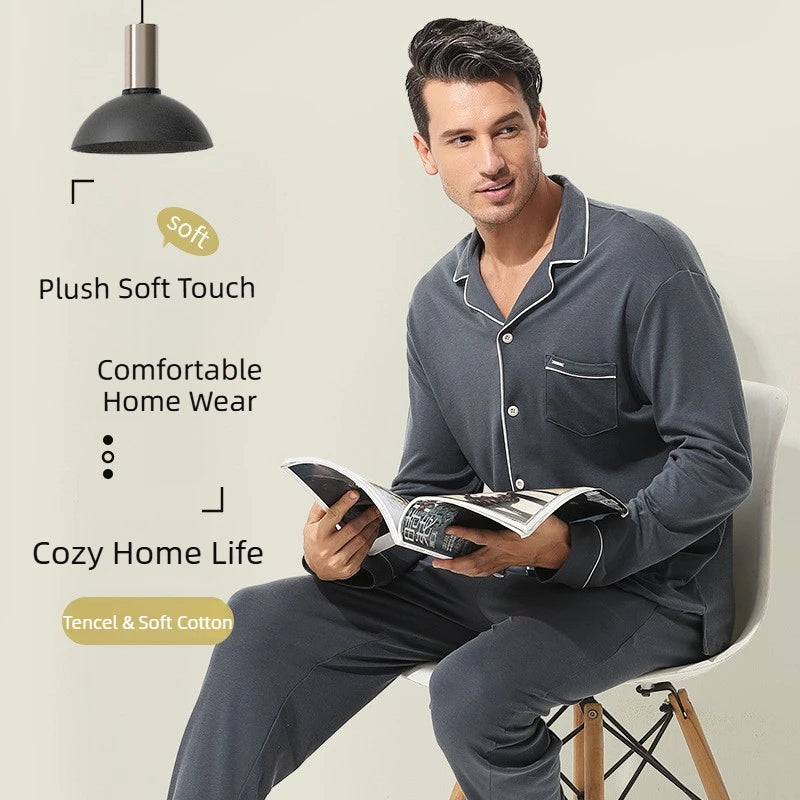 Men's Loose Fit Pajamas Set Soft Lyocell and Cotton Sleepwear Breathable Home Loungewear Cozy Comfortable Pajamas