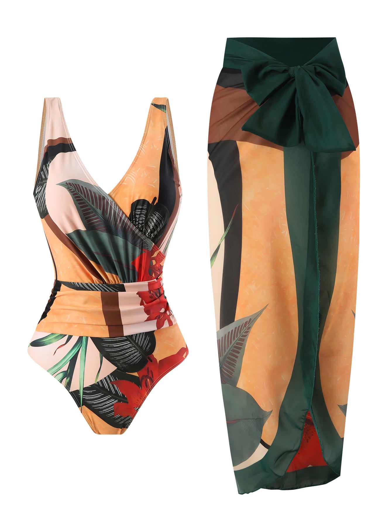 Summer retro digital printed lace up women's beach vacation one-piece swimsuit gauze skirt 2-piece set Main image