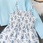Kid Girl Long Sleeve Bow Design Coat & Beige All Print Shirred-Bodice Sling Dress Set Cute Sweet Elegant Princess Dress For Kids
