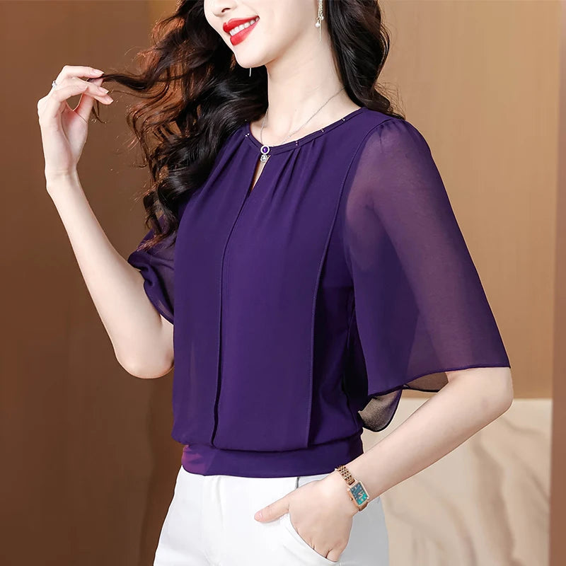 Summer Clothing Half Sleeve Chiffon Blouse 2025 New Fashion Loose Women Tops Solid Color Casual Pullovers Shirt Main image