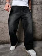 1pc Vintage Style Men's Black Washed Distressed Loose Wide Leg Relaxed Straight Jeans, Perfect Gift for Husband, Boyfriend