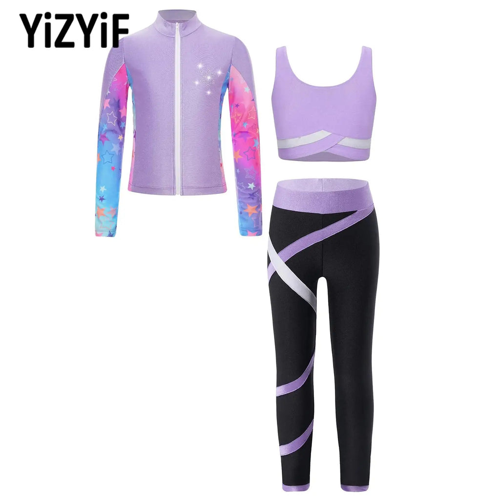 3Pcs Kids Girls Skating Athletic Fitness Workout Tracksuit Sleeveless Vest Top +Pants with Long Sleeve Zipper Sweatshirt Gym Set