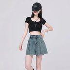 Korean Casual High Waisted Pleated Denim Shorts For Women Spring Summer Baggy Jeans Shorts Y2k  A-Line Wide Leg Jeans