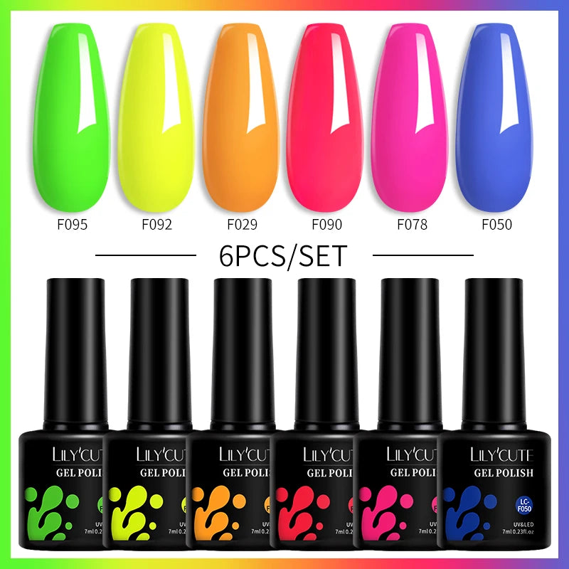 LILYCUTE 7ML 6PCS Neon Gel Nail Polish Set fluorescent Series Color Changing Semi Permanent Soak Off Manicure kit Nail Art Gel