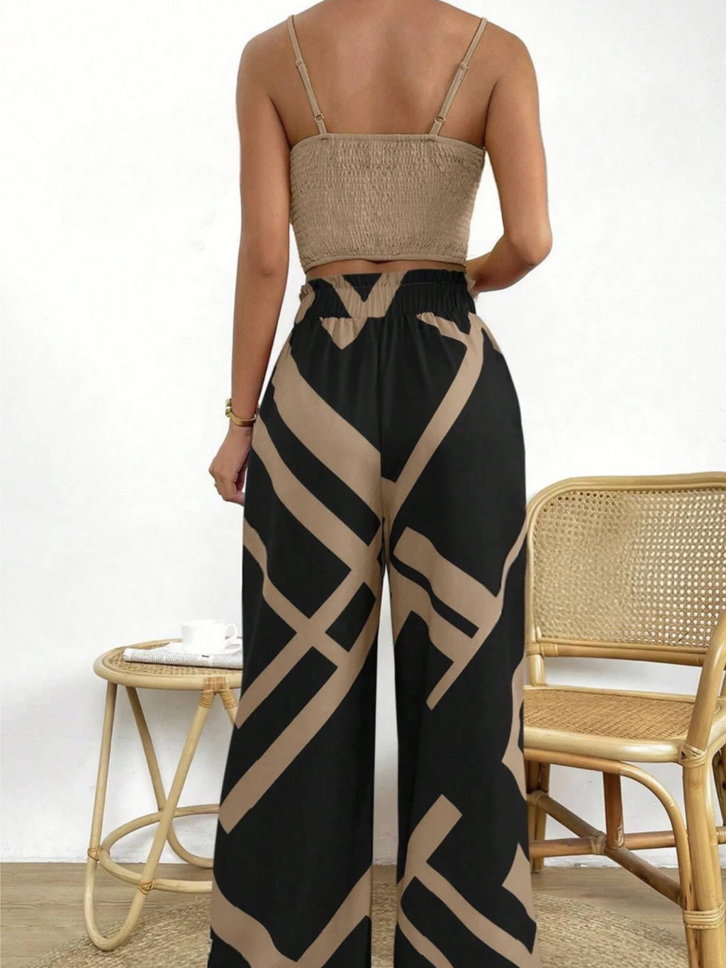 Solid Color Camisole And Printed Sash Wide-Leg Pants Set Women's Casual Comfortable Two-Piece Set with Wide Leg Pants