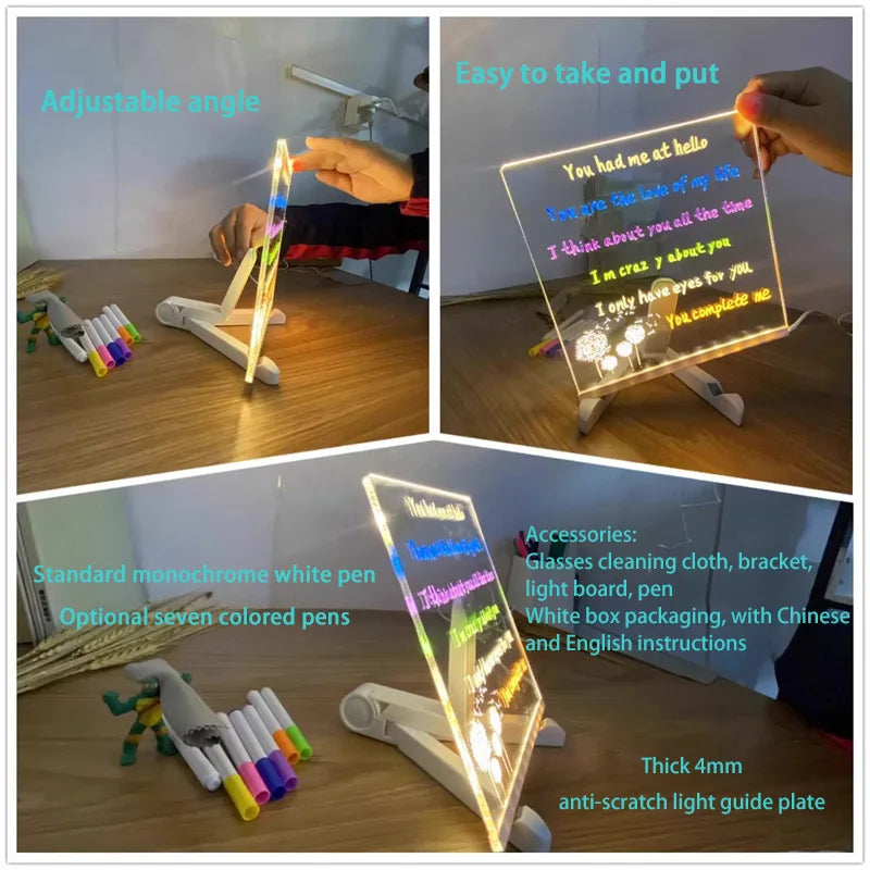 LED Light-Up Acrylic Message Board Erasable USB Drawing Board Birthday Gift Bar Advertising for Creative Activities with Stand