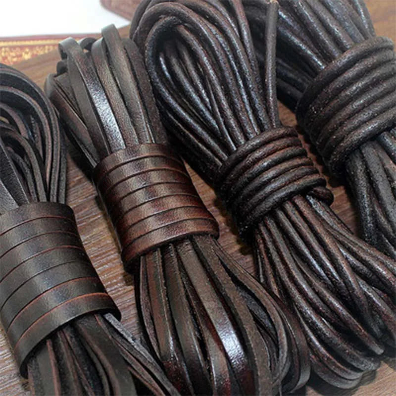 2 Meters Retro High Quality Genuine Leather Cord 1.5-10mm Round/Flat Strand Cow Leather Rope Fit Necklace Bracelets DIY Jewelry Image principale du produit