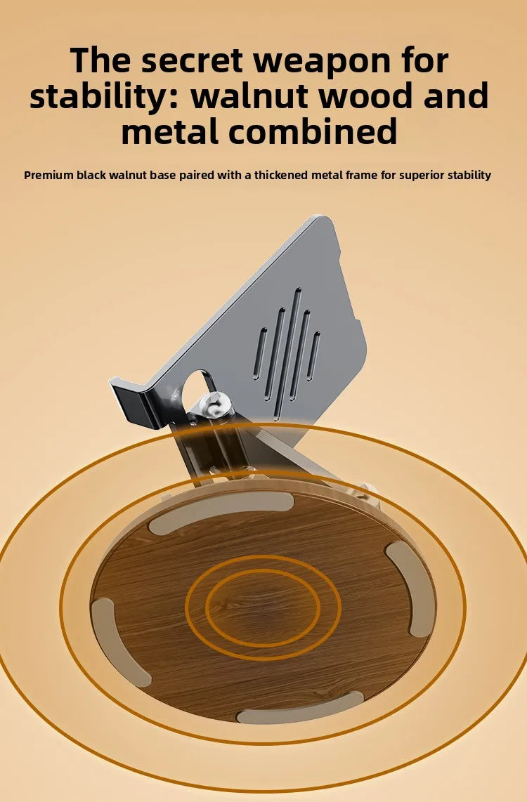 Black Walnut Wood Base Phone Holder Metal Stand 720° Rotating Foldable Desktop Stand Easy Storage for Mobile Phone Tablet Holder