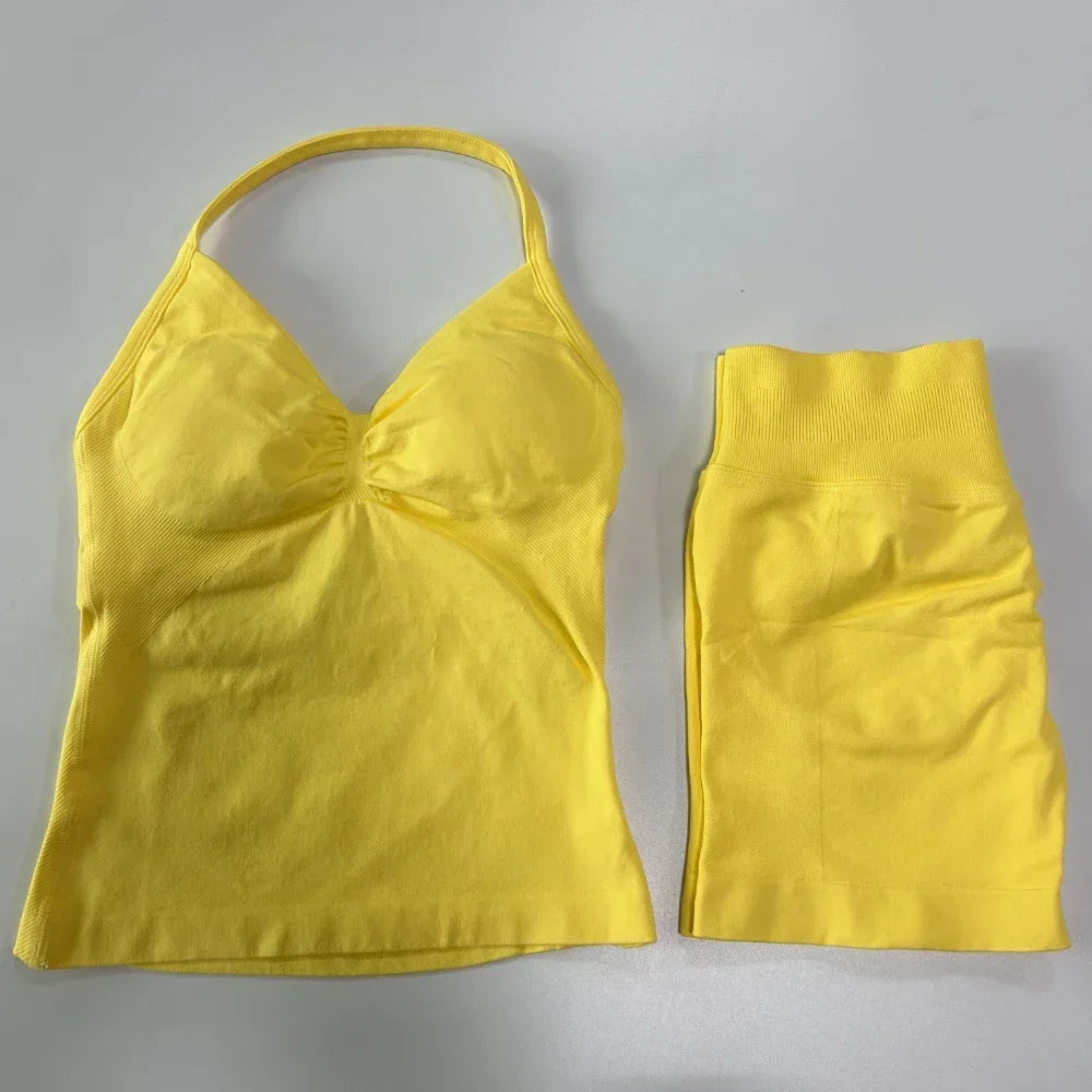 No Logo 2 Pieces Sports Set Women Backless Tank Tops High Waist Scrunch Seamless Shorts Gym Set Sportswear Workout Set Yoga
