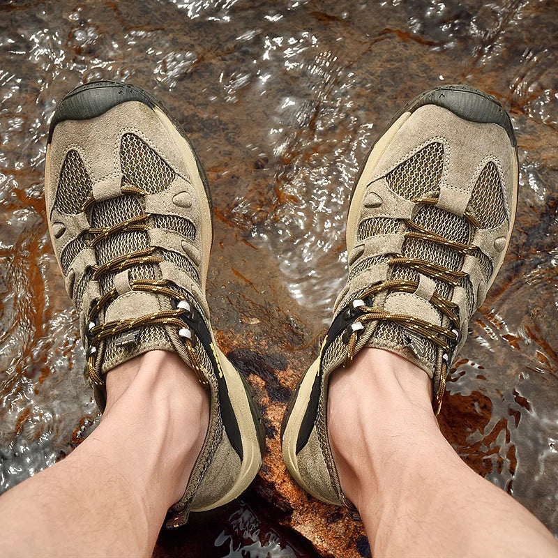 Spring Summer Leather Mesh Outdoor Trekking Shoes Hiking Shoes  Walking Tourism Camping Upstream Sneakers Anti-Slip Breathable
