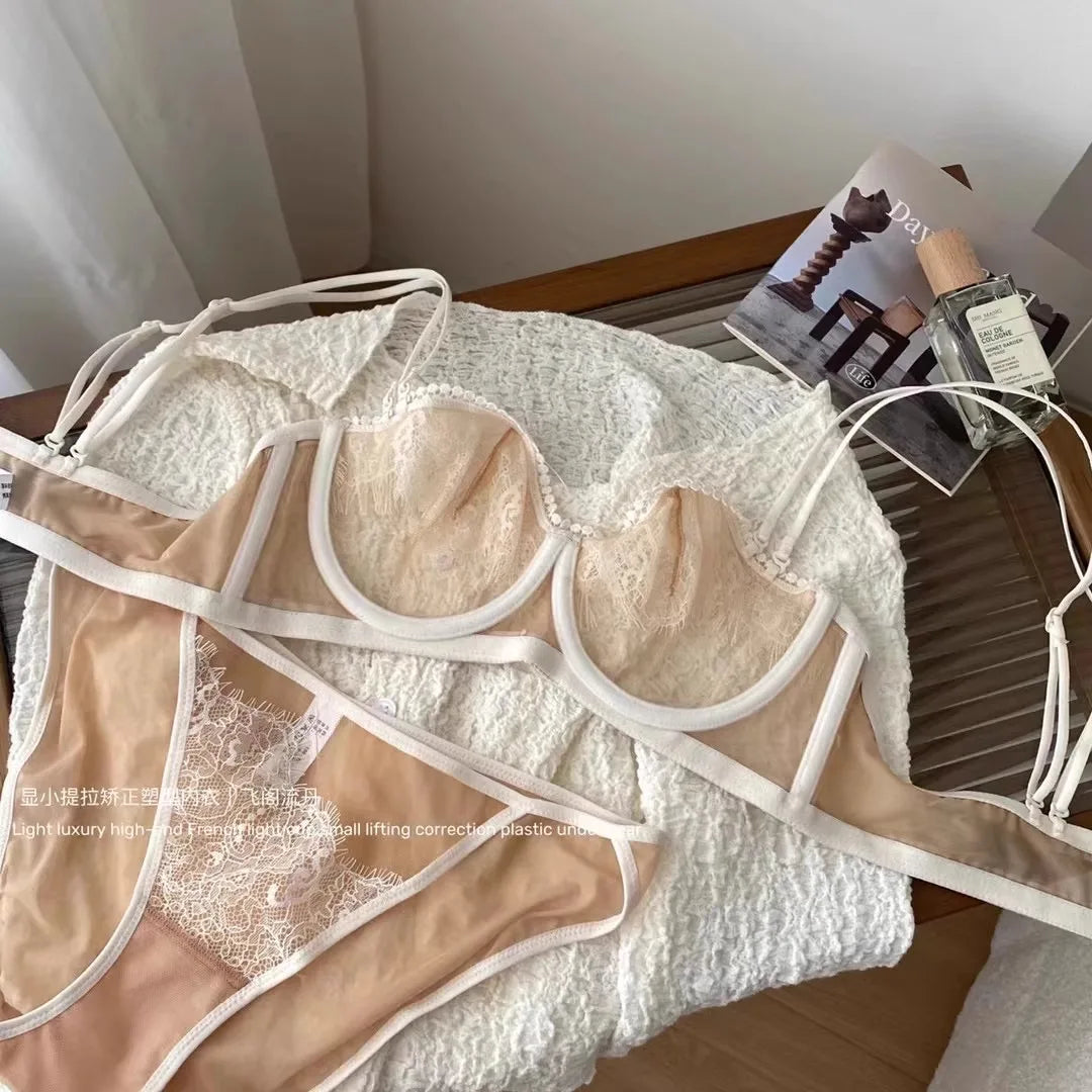 Japanese Light Luxury Backless Lace Bra Set - Ultra-Thin Half Cup Minimizer Sheer Mesh & Lace Lingerie Last 50 Sets  Flash Sale