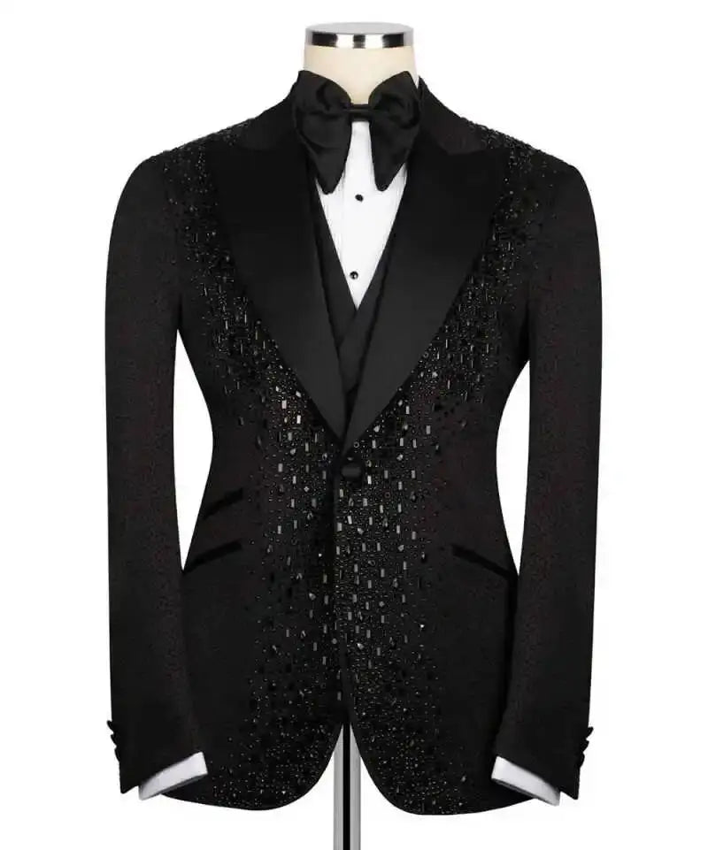 Luxury Suit 2 Pieces Set For Man Beading Tuxedos Lapel One Button Customized Blazer Casual Business Sequined Wedding Groom