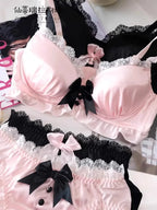 YUQI Kawaii Japanese Lolita Lingerie Set - Cute Bow Bra Cover & Panties for Small Chest, Pure Sexy Teen Girl Charm XS-S Cup Bra