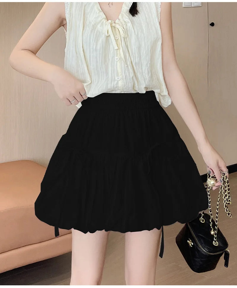 Sweet Bow Pleated Fluffy Skirts for Women Summer Korean Style Elastic Waist Lantern Skirt Woman Loose White A-Line Short Skirts