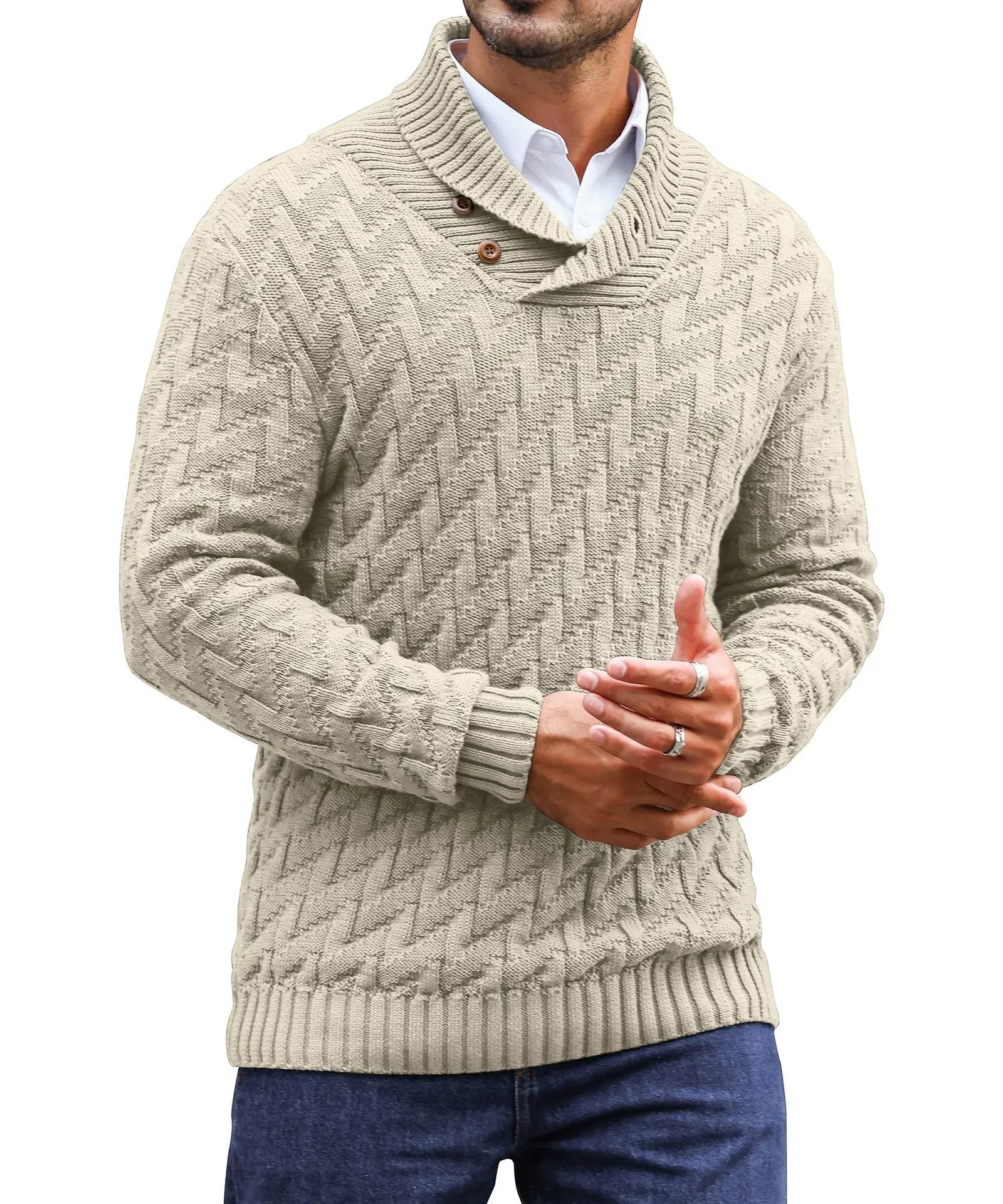 Men's Sweater Spring Shawl Collar Pullover Solid Color Sweater Casual Cable Knit Button-Up Pullover High Quality Tops US Size