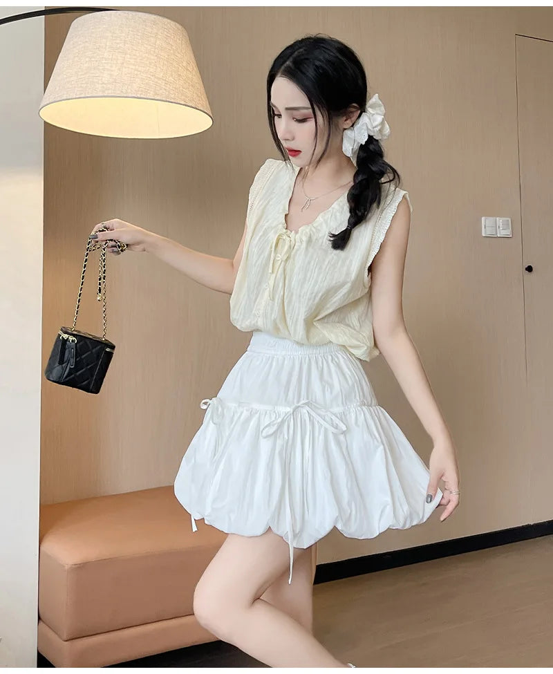 Sweet Bow Pleated Fluffy Skirts for Women Summer Korean Style Elastic Waist Lantern Skirt Woman Loose White A-Line Short Skirts