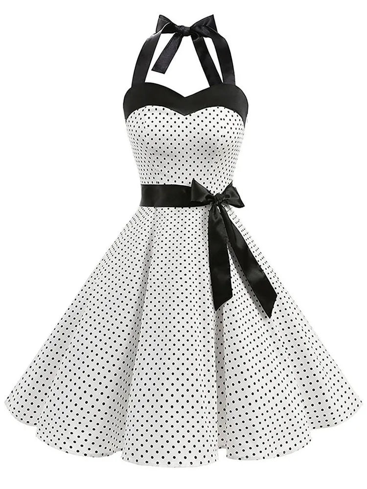 Women Polka Dot Print Summer Dress Sexy Retro White Halter Vintage Dress Robe Femme Pin Up Rockabilly Party Dress Image principale du produit