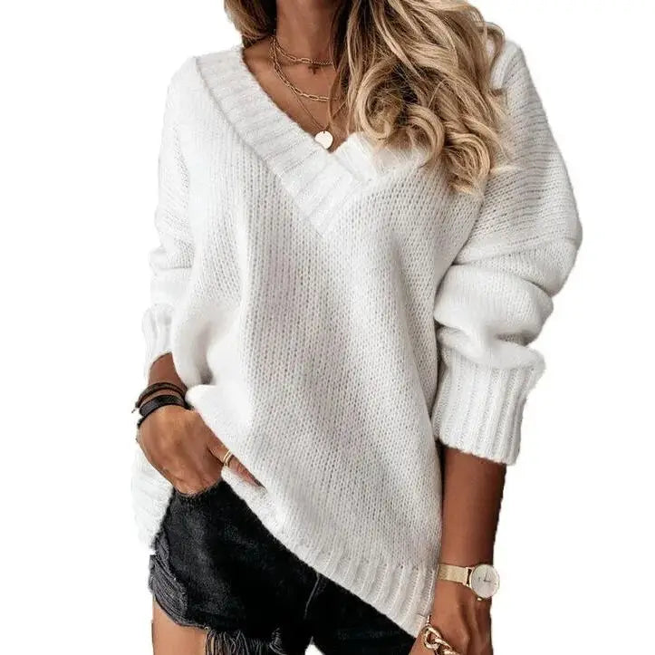 Fashionable casual women's autumn and winter new solid color sweater women's foreign trade V-neck long sleeve pullover knit top