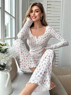 Women's Pajama Set Lace Buttons Trims Sleepwear Slim Long-sleeved Trousers Floral Print Stylish sexy Loungewear Nightwear Pyjama
