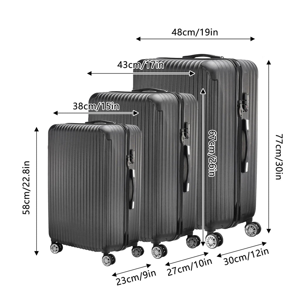 Anajqaqia Black Suitcase Set 3 Piece Luggage Set with Trolley Handle, Double Wheels and TSA Lock, Travel Suitcase Set