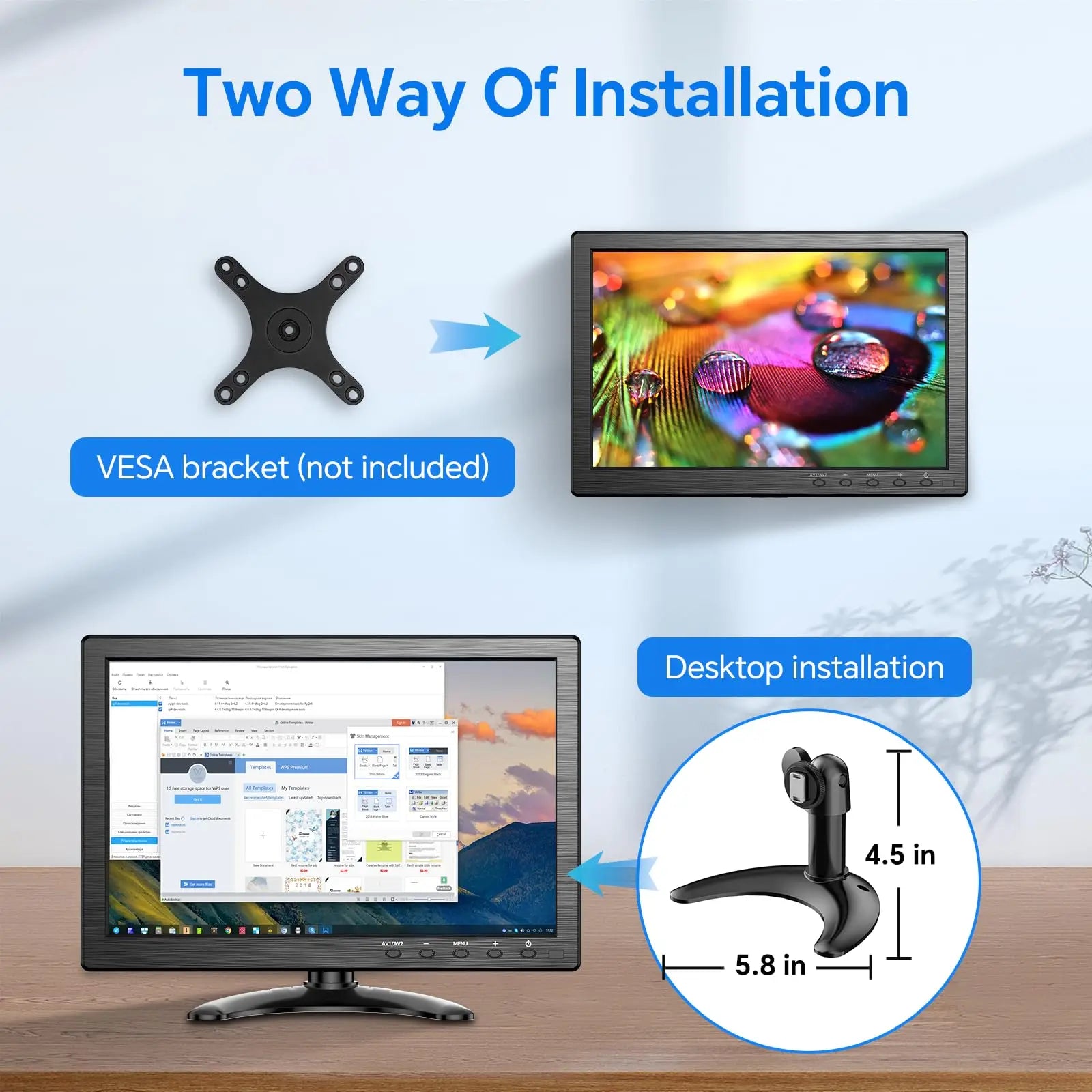 Eyoyo EM101AD 10-inch Security Monitor 1366x768 HD Resolution LCD Screen Desktop Monitor Supports Wall Mounted, HDMI VGA AV BNC USB Input, Built-in Speakers, Second Display for Computer PC CCTV Camera NVR