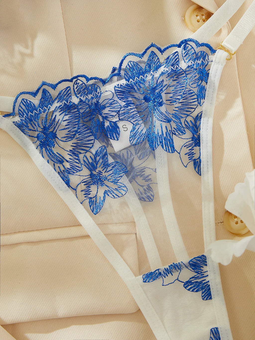 Blue Lingerie Set Lace Embroidery Bra Panty 2Piece Sheer Tulle Fantasy Underwear for Women