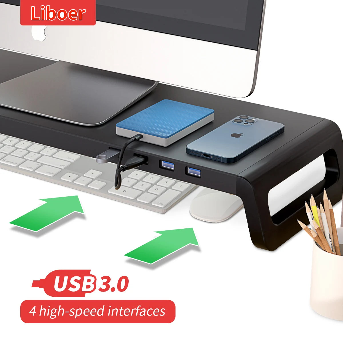 Monitor Stand Desk Monitor Stand Riser with USB 3.0 Hub Lightweight Sturdy Aluminium ABS Material Monitor Desk Shelf Image principale du produit
