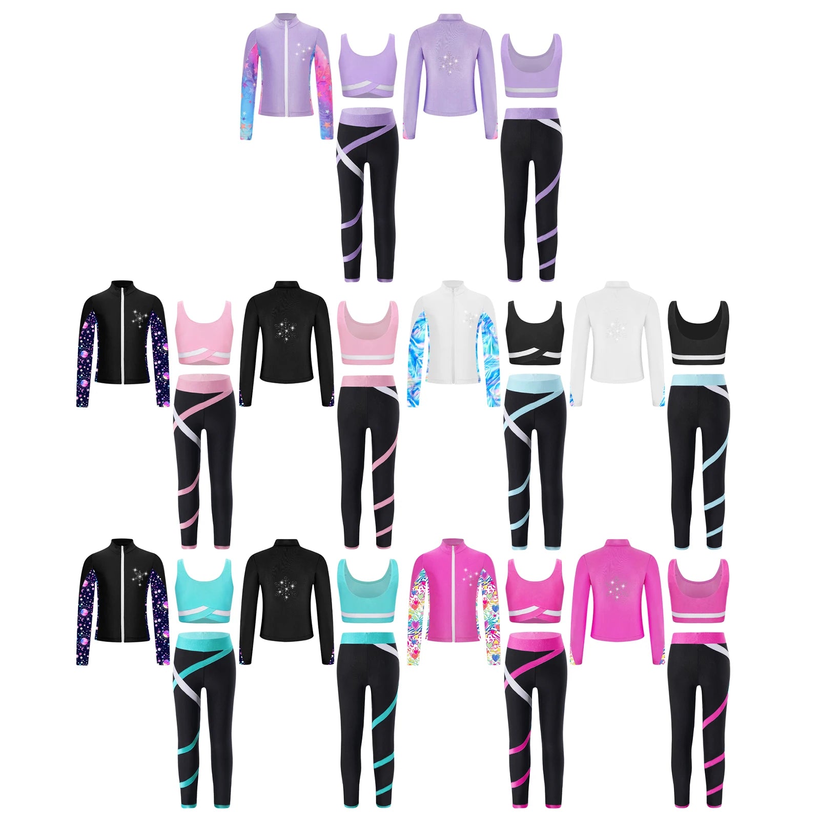 3Pcs Kids Girls Skating Athletic Fitness Workout Tracksuit Sleeveless Vest Top +Pants with Long Sleeve Zipper Sweatshirt Gym Set
