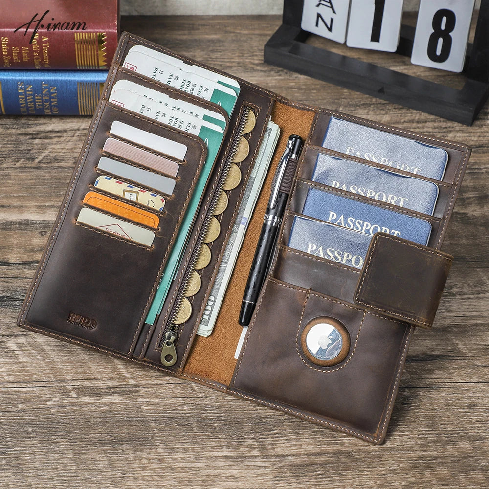 Genuine Leather Family Passport Wallet with Anti-lost Airtag Case Passport Cover For Cards Pen Holder Passport Travel Clutch Bag Image principale du produit